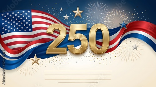 USA 250 Years Anniversary Celebration Background with American Flag, Fireworks, Stars, and Confetti. Commemorative Design for Independence Day or Patriotism.