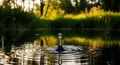 Water Drop Splash Creating Circular Ripples in Pond – Zen Nature Serenity and Fresh Clean Ecology Backdrop