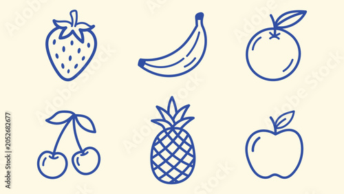 Tableau sur toile Set of Simple Minimalist Blue Outline Fruit Icons Featuring Strawberry Banana Or