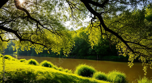 Peaceful green nature landscape, view from under willow tree shade at riverside with sunlight
