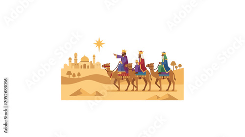 Foto Three Kings riding camels in desert towards Bethlehem star and city