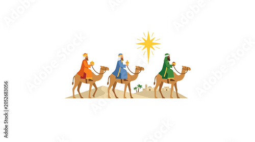 Foto Three Wise Men on Camels Following Star in Desert Landscape