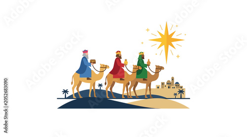 Schilderij op canvas Three Wise Men on Camels following Star of Bethlehem, Nativity Scene Illustratio