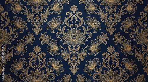 Foto Vintage damask floral pattern with gold ornate elements on dark navy blue backgr