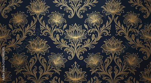 Photos Luxury damask floral wallpaper pattern with gold metallic details on dark navy b