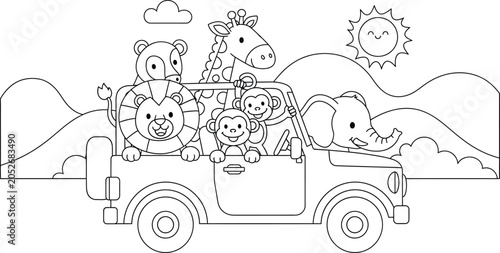Photography Color page illustration of safari animals in a jeep