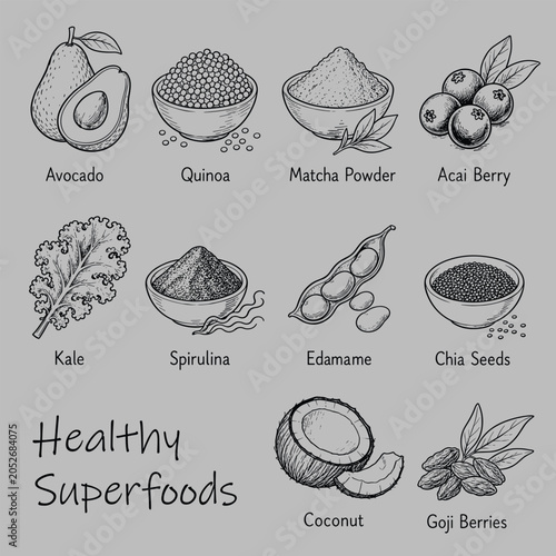 Schilderij op canvas Illustrated icon set of healthy superfoods collection with avocado, quinoa, matc