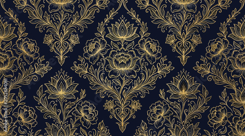 Tableau sur toile Luxury gold floral damask pattern on dark blue background, seamless ornate wallp