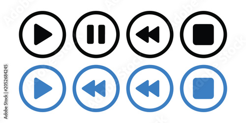 Collection of black and blue media player icons including play pause stop rewind on grid.