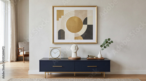 Modern living room with abstract art and minimalist decor on a navy console