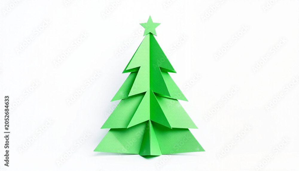 Obraz premium Minimalist Green Origami Christmas Tree Paper Craft on Isolated Background
