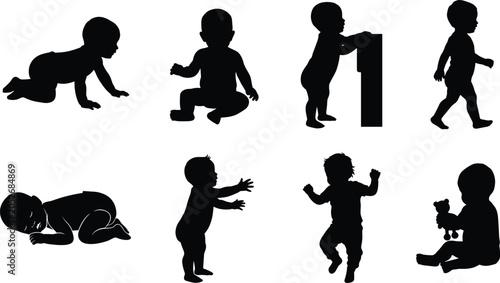 Baby silhouettes set showing developmental milestones including crawling sitting sleeping standing walking and playing with toy rattle