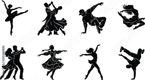 Black dance silhouettes set featuring ballet ballerina, ballroom couple, hip hop breakdancer, salsa dancers, and traditional folk dancing performance