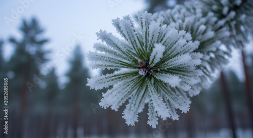Frost-covered pine needles: Tranquil winter scene