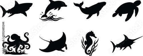 Collection of sea life black silhouettes including shark dolphin whale turtle octopus manta ray seahorse and swordfish isolated on white background
