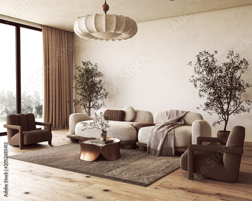 Metallic coffee table and cream sofa in a japandi living room interior with wooden flooring