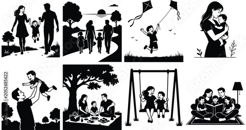Happy family silhouette set featuring parents and children walking flying kites playing on swings and reading book together
