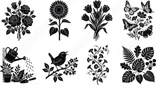 Garden and nature silhouettes set featuring roses sunflower tulips butterflies watering can singing bird and tropical monstera leaves