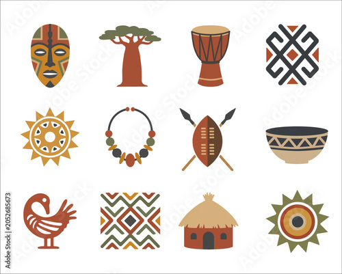 Authentic African Tribal Culture Vector Icon Set Featuring Geometric Patterns and Artifacts
