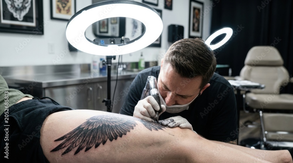 Obraz premium Professional tattoo artist working on a large wing tattoo on a leg