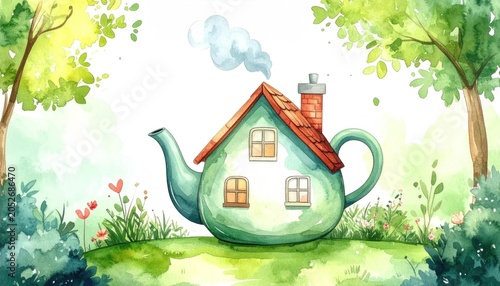 Whimsical house in teapot shape garden.