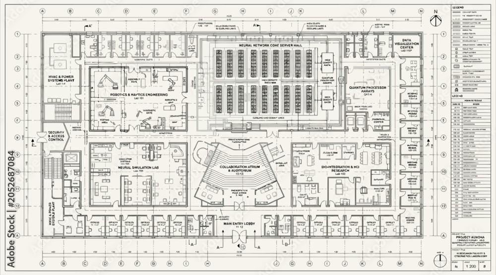 Fototapeta premium Architectural blueprint of an advanced ai research facility level 2 floor plan