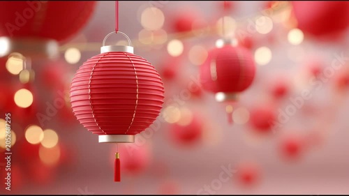 Red lanterns hang in celebration during festive season with warm lights shining in background