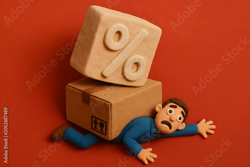 Sad 3D character trapped under a heavy cardboard box and a giant percentage sign, high tax inflation and interest rate burden concept