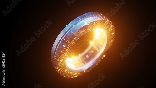 Abstract futuristic glowing golden digital ring floating in dark space with light particles and lens flare effects, abstract