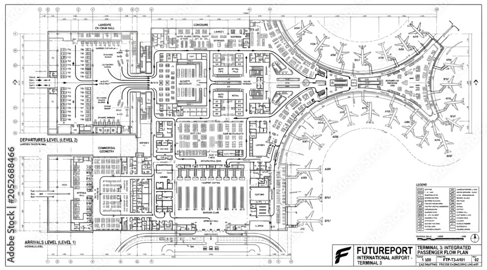 Fototapeta premium Technical floor plan of an international airport terminal building, level 1 and 2 layout