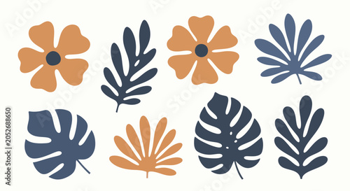 Abstract tropical leaves and flowers in a flat design style.