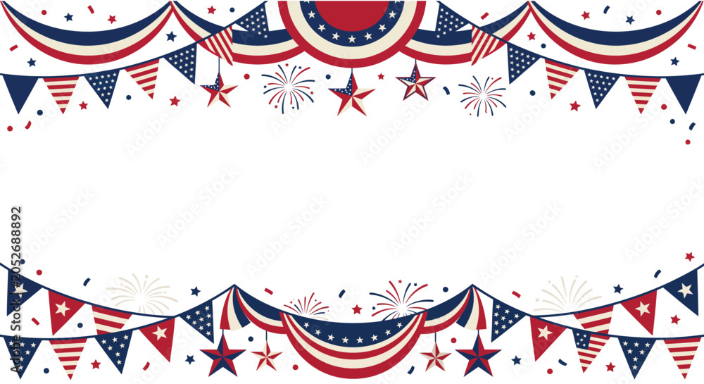 Obraz premium Patriotic bunting and star shaped fireworks vector illustration with a white background celebrating american independence day flag