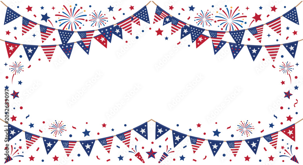 Fototapeta premium American flag bunting and firework vector illustration with scattered stars on a white background fireworks patriotic celebration