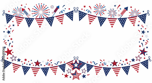 Fotografia Patriotic bunting and star ornament with fireworks a vector illustration on a wh