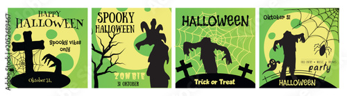 Fotografie Halloween vector banner set with spooky zombie silhouettes, cemetery graves, spider webs and full moon