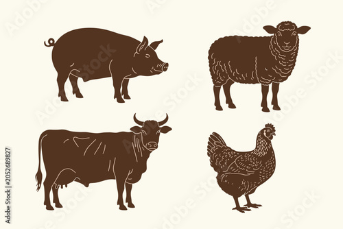 Obraz na plátně Four farm animals a pig cow sheep and chicken in brown silhouette on a cream bac