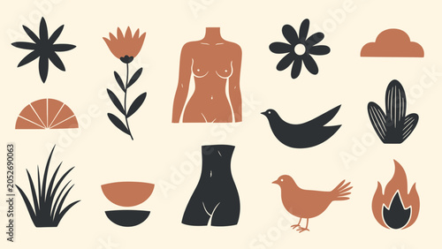 Boho Abstract Shapes: Woman Torso, Flowers, Birds, Cloud, Fire, Plant