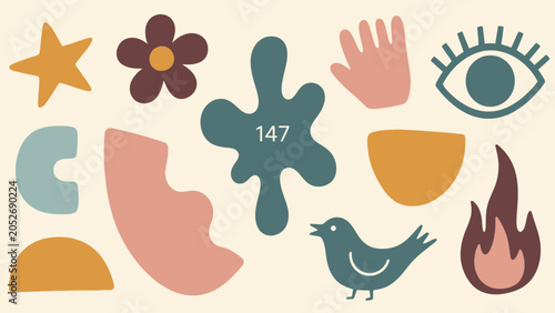 Abstract Shapes and Icons: Star, Flower, Hand, Eye, Bird, Flame, Blob