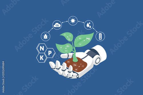 Flat vector illustration of a robotic hand holding a growing green plant in soil with NPK chemical formulas and farming icons. Concept of smart agriculture, AgTech, and AI fertilizer optimization.