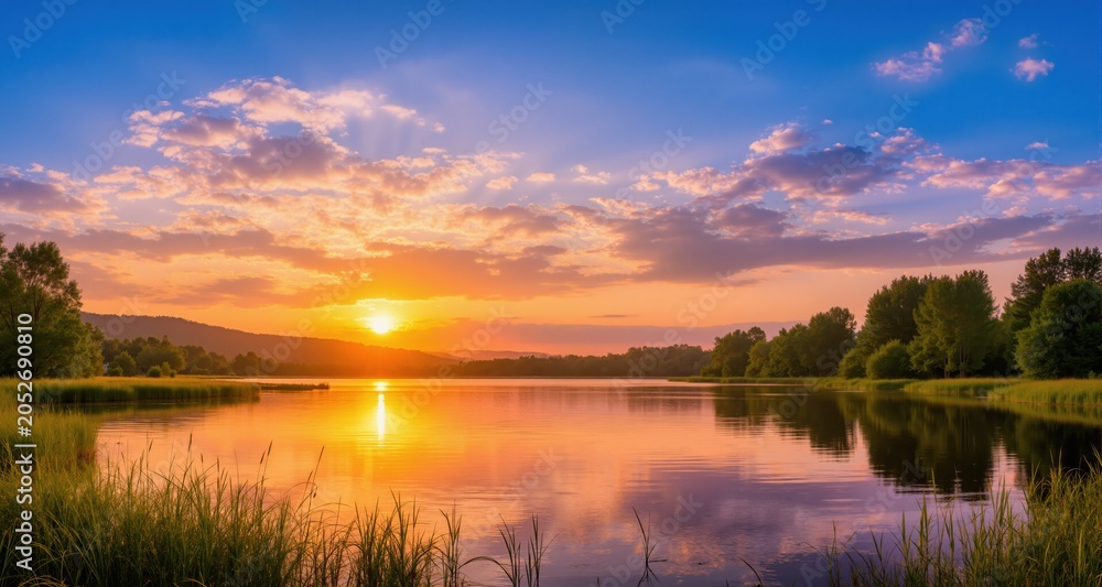 Fototapeta premium Beautiful summer sunrise over lake - Panorama 