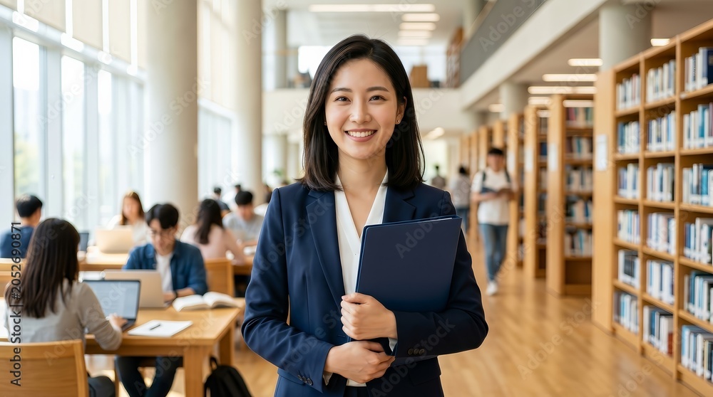Fototapeta premium Smiling young professional woman in a business suit holding a folder in a modern library
