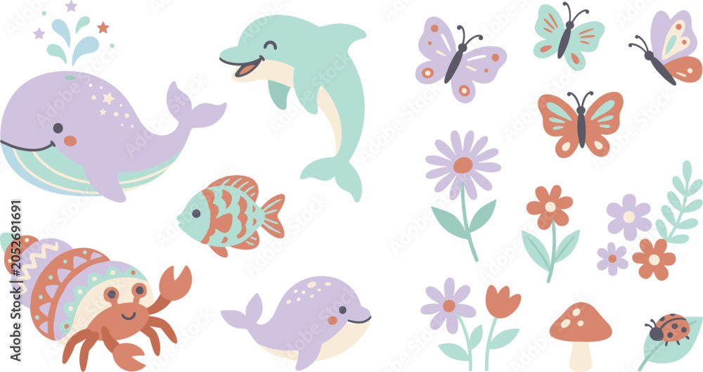 Fototapeta premium Cute Pastel Ocean and Garden Sticker Set with Whale Dolphin Crab Butterfly Flower and Mushroom Cartoon Elements