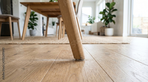Close up of wooden furniture leg with protective felt pad on oak laminate floor in modern dining room