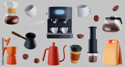 Cuadro en lienzo Set of 3D vector icons for various coffee preparation methods, including double spout espresso maker, bright orange moka pot, red gooseneck kettle, cezve, paper bag nd falling coffee beans