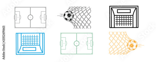 Football field and goal silhouette icons for soccer backgrounds