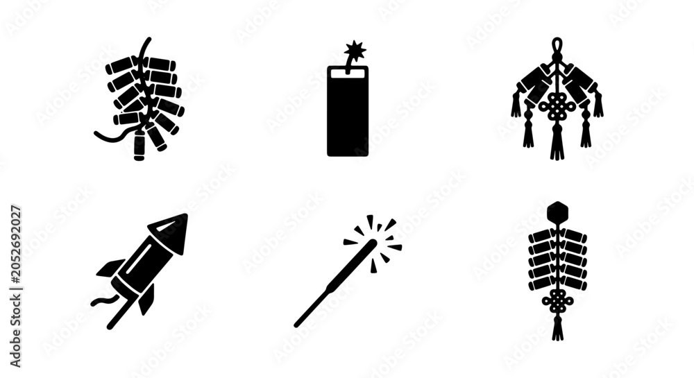 Naklejka premium Chinese New Year Firecrackers, Rockets, Sparklers, and Festive Decorations Vector Icons Set