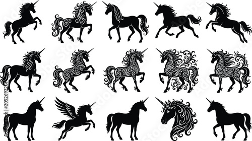 Obraz na plátně Black unicorn and horse silhouette collection featuring dynamic running position