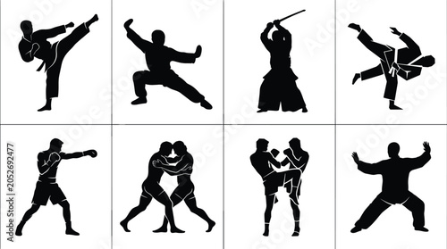 Εκτύπωση καμβά Martial arts fighter silhouettes collection including karate kick boxing wrestli