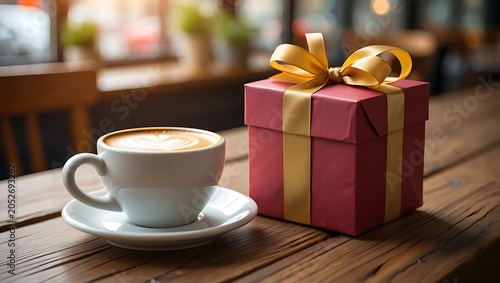 A delicious cup of coffee and a red gift box with golden ribbon on dark wooden table in classic coffee shop interior