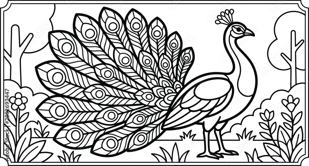 Fototapeta premium Peacock in garden coloring page. Majestic Peacock in a Blooming Flower Garden Coloring Page